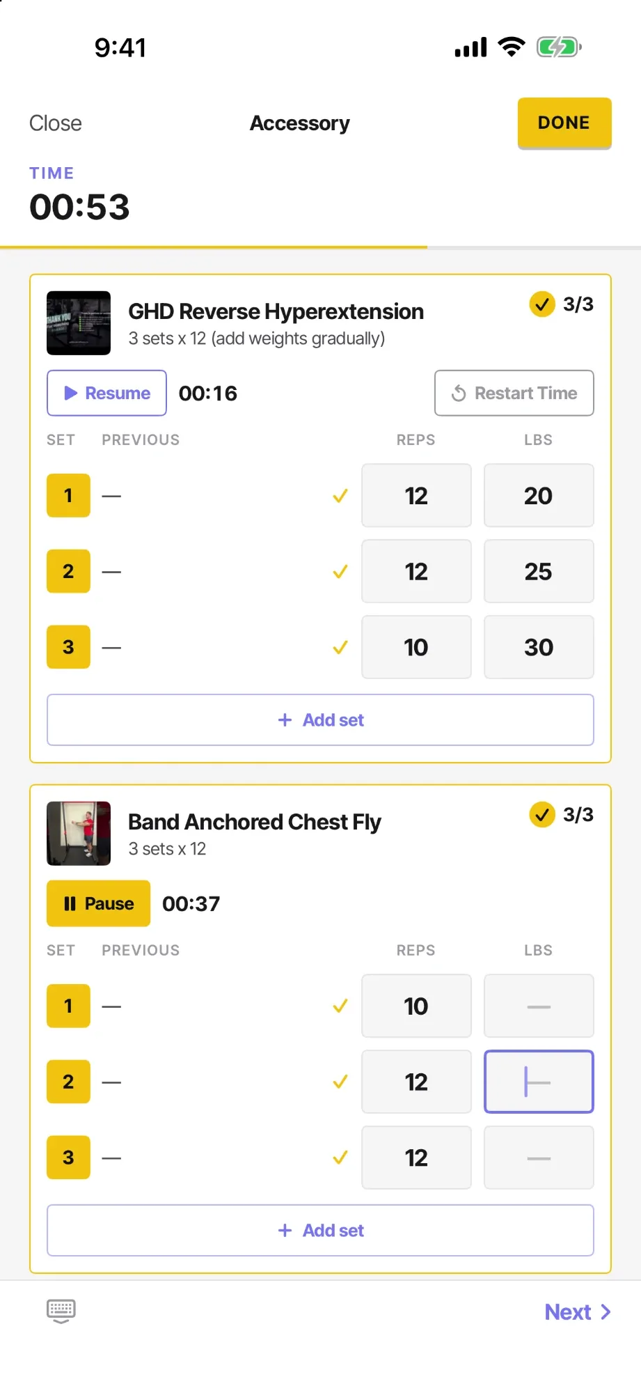 The app logging an Accessory section: GHD Reverse Hyperextension with three sets done, and Band Anchored Chest Fly in progress with its own timer running.