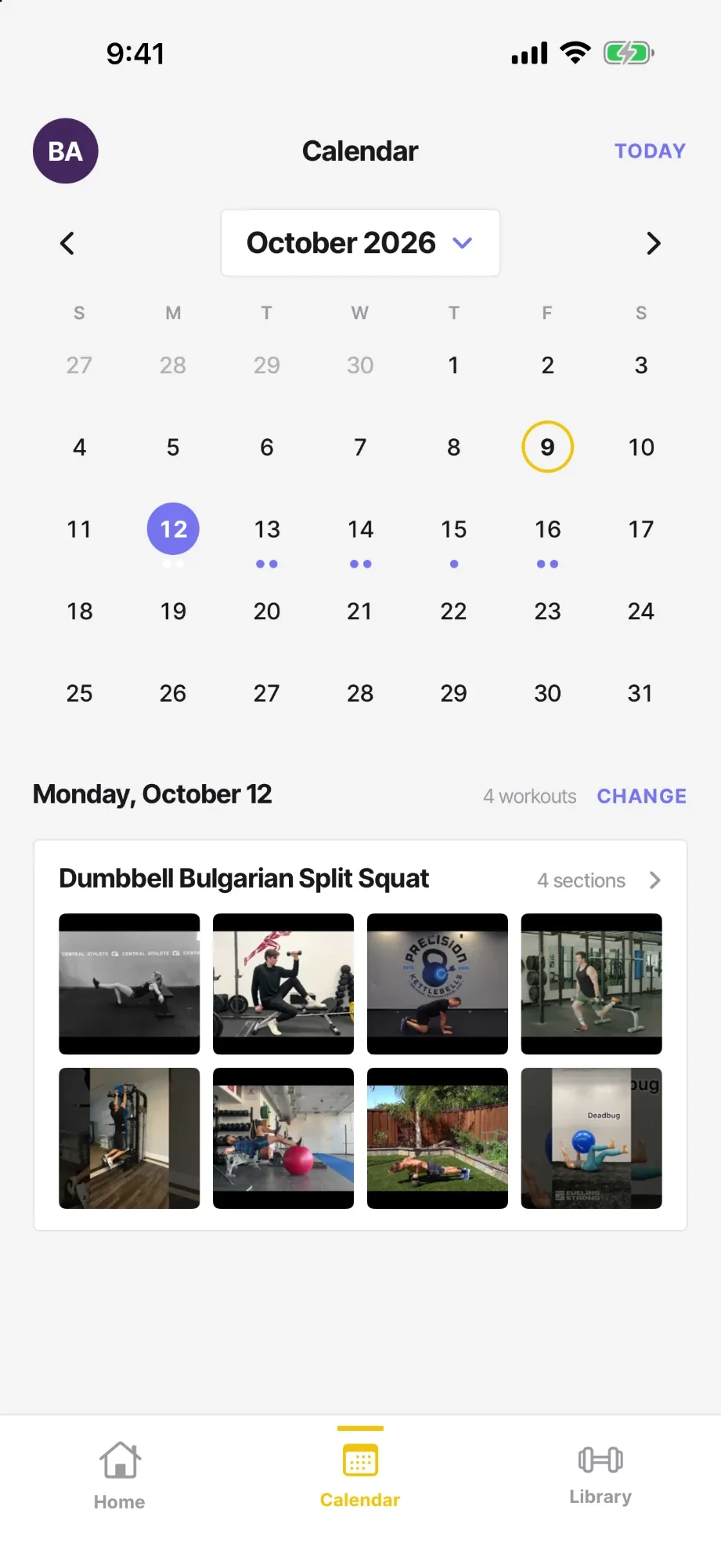The calendar for October 2026 with dots under the planned days. Monday the 12th is selected, and its card shows Dumbbell Bulgarian Split Squat, four sections, and eight exercise thumbnails.