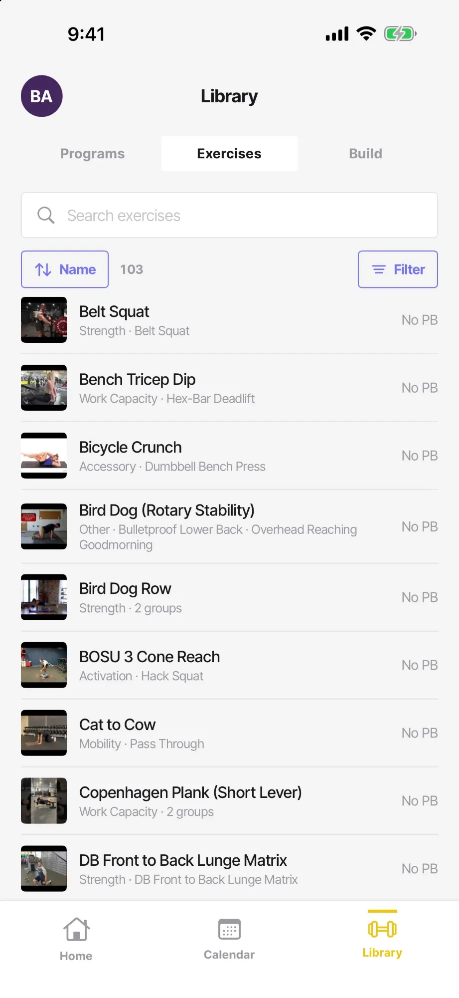 The Exercises tab of the Library: a search field, a sort by name, a Filter button and 103 exercises, each with its thumbnail, the section and workout it belongs to, and its personal best.